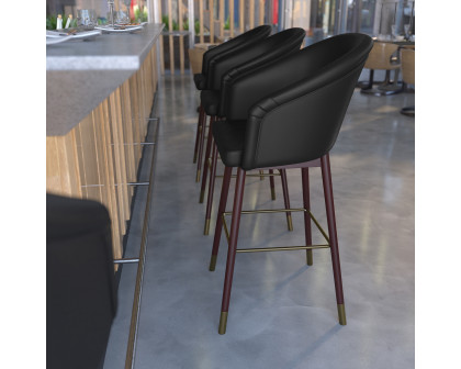 BLNK Margo Commercial LeatherSoft Mid-Back Modern Bar Stool with Walnut Finish Beechwood Legs and Curved Back Set of 2 - Black