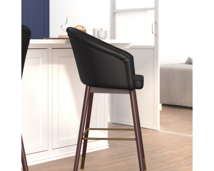 BLNK Margo Commercial LeatherSoft Mid-Back Modern Bar Stool with Walnut Finish Beechwood Legs and Curved Back Set of 2 - Black