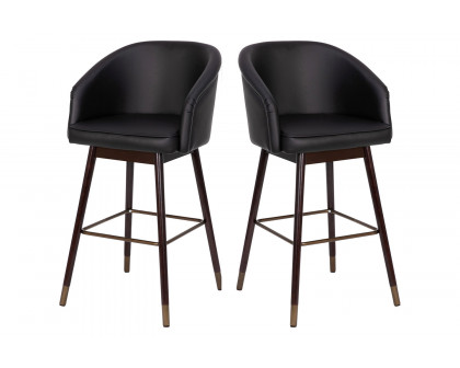 BLNK Margo Commercial LeatherSoft Mid-Back Modern Bar Stool with Walnut Finish Beechwood Legs and Curved Back Set of 2 - Black