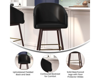 BLNK Margo Commercial LeatherSoft Mid-Back Modern Bar Stool with Walnut Finish Beechwood Legs and Curved Back Set of 2 - Black