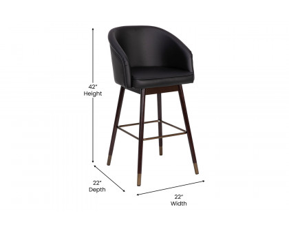 BLNK Margo Commercial LeatherSoft Mid-Back Modern Bar Stool with Walnut Finish Beechwood Legs and Curved Back Set of 2 - Black