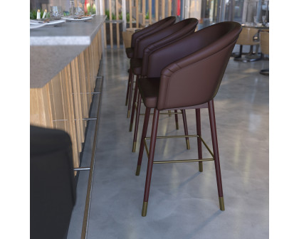 BLNK Margo Commercial LeatherSoft Mid-Back Modern Bar Stool with Walnut Finish Beechwood Legs and Curved Back Set of 2 - Brown