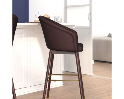 BLNK Margo Commercial LeatherSoft Mid-Back Modern Bar Stool with Walnut Finish Beechwood Legs and Curved Back Set of 2 - Brown