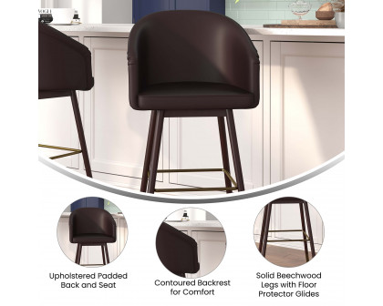 BLNK Margo Commercial LeatherSoft Mid-Back Modern Bar Stool with Walnut Finish Beechwood Legs and Curved Back Set of 2 - Brown