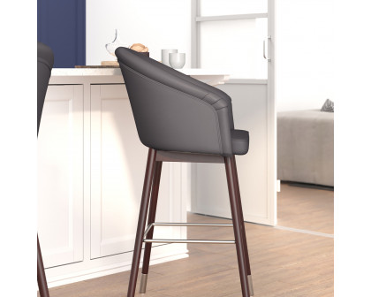 BLNK Margo Commercial LeatherSoft Mid-Back Modern Bar Stool with Walnut Finish Beechwood Legs and Curved Back Set of 2 - Gray