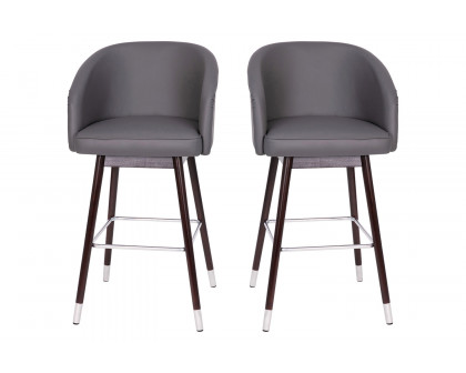 BLNK Margo Commercial LeatherSoft Mid-Back Modern Bar Stool with Walnut Finish Beechwood Legs and Curved Back Set of 2 - Gray