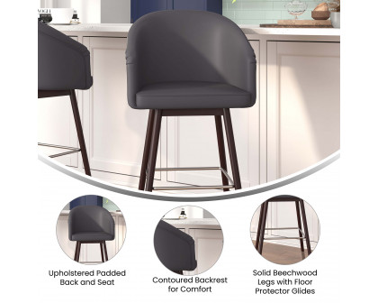 BLNK Margo Commercial LeatherSoft Mid-Back Modern Bar Stool with Walnut Finish Beechwood Legs and Curved Back Set of 2 - Gray