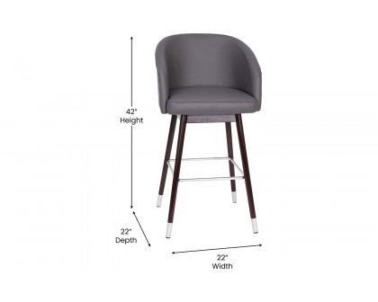 BLNK Margo Commercial LeatherSoft Mid-Back Modern Bar Stool with Walnut Finish Beechwood Legs and Curved Back Set of 2 - Gray