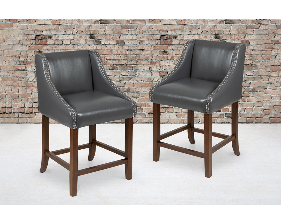 BLNK - Carmel Series Transitional Walnut Counter Height Stool with Nail Trim in Dark Gray LeatherSoft Set of 2