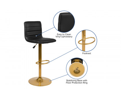 BLNK™ Vincent Vinyl Adjustable Counter Height Swivel Bar Stool with Back and Gold Pedestal Base Set of 2 - Black