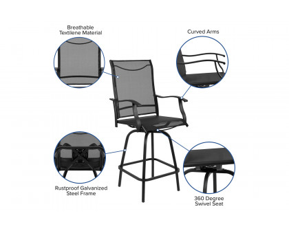 BLNK Valerie All-Weather Swivel Textilene Patio Bar Height Stools with High Back and Armrests Set of 2 - Black