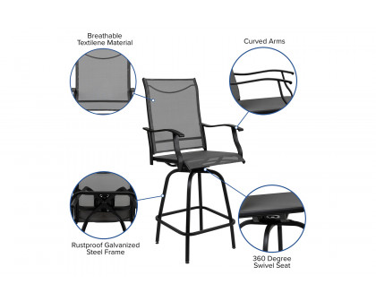 BLNK Valerie All-Weather Swivel Textilene Patio Bar Height Stools with High Back and Armrests Set of 2 - Gray