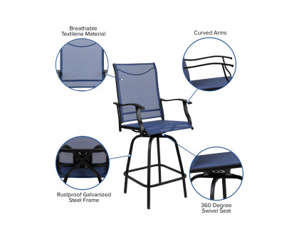 BLNK Valerie All-Weather Swivel Textilene Patio Bar Height Stools with High Back and Armrests Set of 2 - Navy