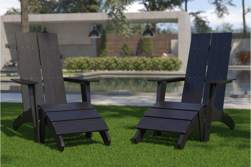 BLNK™ Sawyer All-Weather Poly Resin Wood Adirondack Chairs with Foot Rests Set of 2 - Black