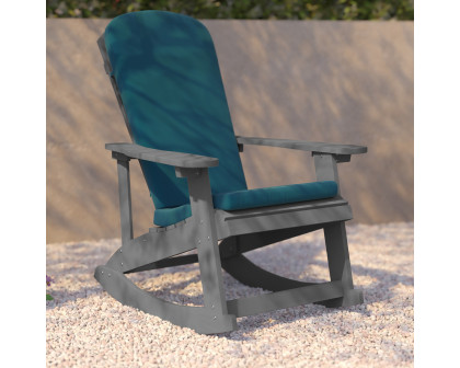 BLNK Savannah Poly Resin Wood All-Weather Adirondack Rocking Chairs with Teal Cushions for Deck, Porch, and Patio Set of 2 - Gray