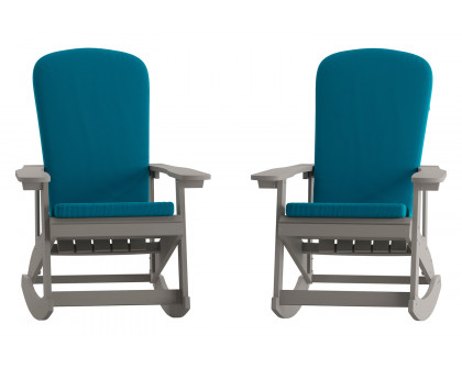 BLNK Savannah Poly Resin Wood All-Weather Adirondack Rocking Chairs with Teal Cushions for Deck, Porch, and Patio Set of 2 - Gray