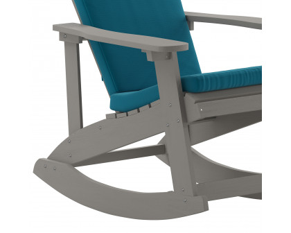 BLNK Savannah Poly Resin Wood All-Weather Adirondack Rocking Chairs with Teal Cushions for Deck, Porch, and Patio Set of 2 - Gray