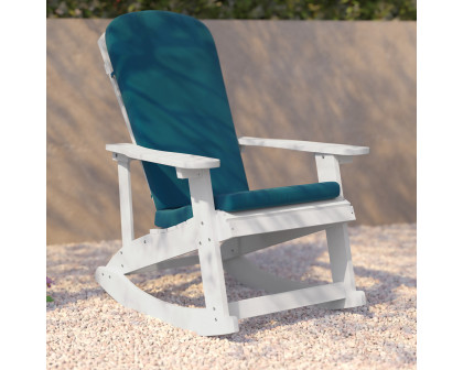 BLNK™ Savannah Poly Resin Wood All-Weather Adirondack Rocking Chairs with Teal Cushions for Deck, Porch, and Patio Set of 2 - White