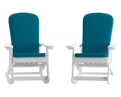 BLNK™ Savannah Poly Resin Wood All-Weather Adirondack Rocking Chairs with Teal Cushions for Deck, Porch, and Patio Set of 2 - White