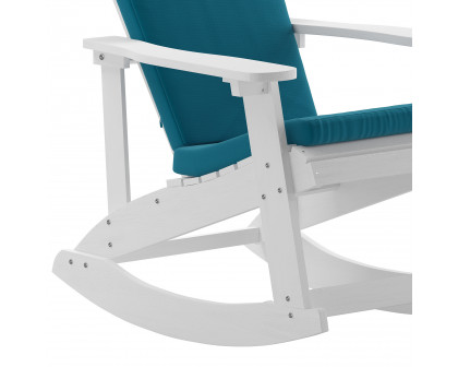 BLNK™ Savannah Poly Resin Wood All-Weather Adirondack Rocking Chairs with Teal Cushions for Deck, Porch, and Patio Set of 2 - White