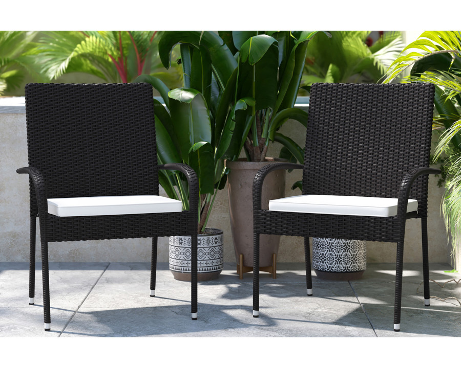 BLNK Maxim Stackable Indoor-Outdoor Wicker Dining Chairs with Cream Seat Cushions Set of 2 - Black