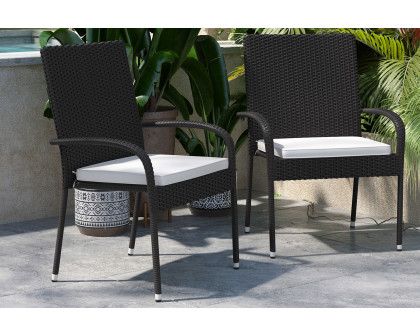 BLNK Maxim Stackable Indoor-Outdoor Wicker Dining Chairs with Cream Seat Cushions Set of 2 - Black