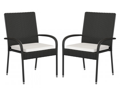 BLNK Maxim Stackable Indoor-Outdoor Wicker Dining Chairs with Cream Seat Cushions Set of 2 - Black