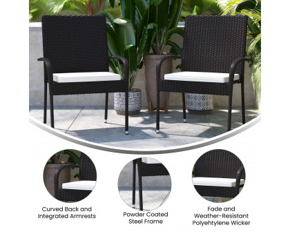 BLNK Maxim Stackable Indoor-Outdoor Wicker Dining Chairs with Cream Seat Cushions Set of 2 - Black