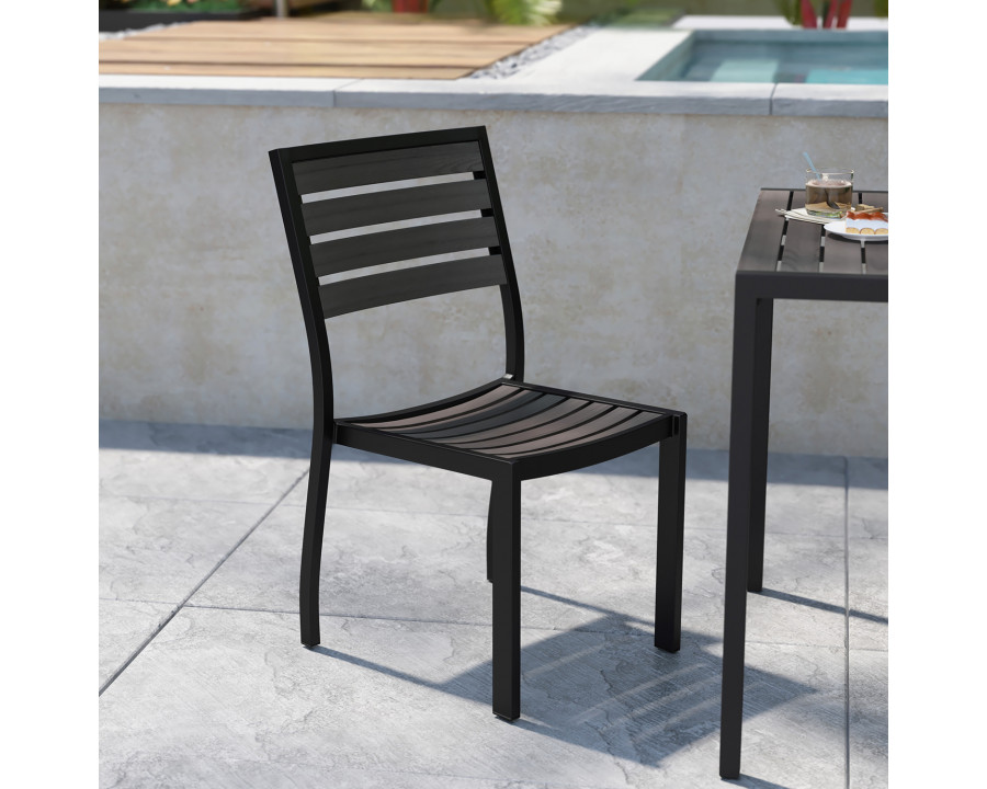 BLNK - Lark Outdoor Black Aluminum Stackable Faux Teak Side Chair Set of 2