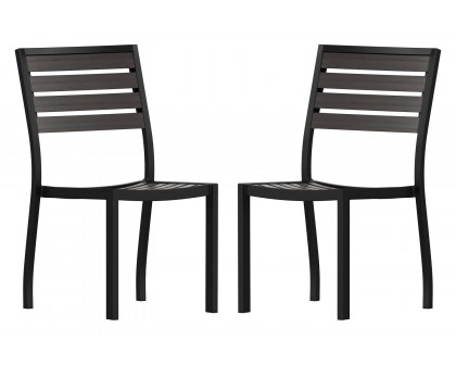 BLNK - Lark Outdoor Black Aluminum Stackable Faux Teak Side Chair Set of 2