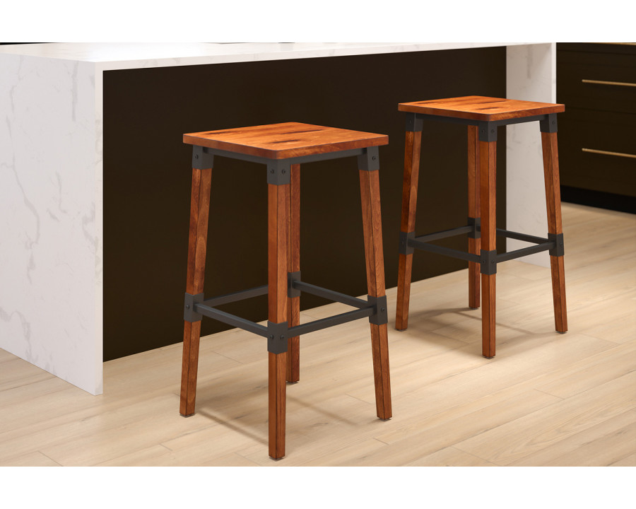 BLNK - Jackson Wood Rustic Antique Walnut Industrial Dining Backless Bar Stool 2 Pack