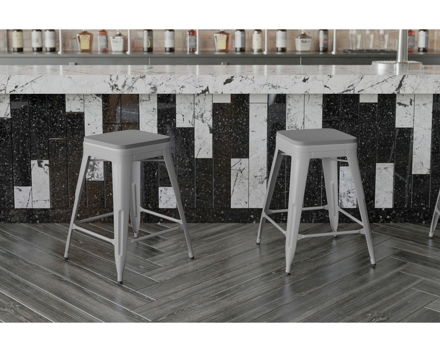 BLNK Cierra Commercial Metal Backless Indoor Counter Height Stools with All-Weather Poly Resin Seats Set of 4 - Silver