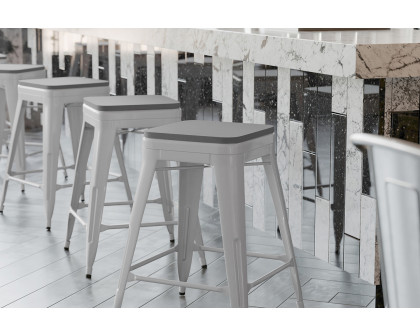 BLNK Cierra Commercial Metal Backless Indoor Counter Height Stools with All-Weather Poly Resin Seats Set of 4 - Silver