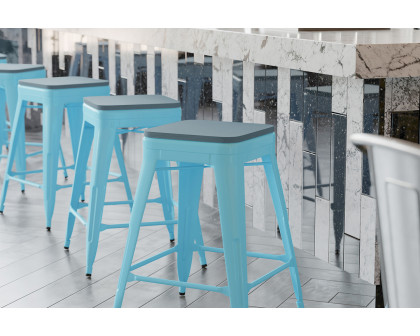 BLNK Cierra Commercial Metal Backless Indoor Counter Height Stools with All-Weather Poly Resin Seats Set of 4 - Teal