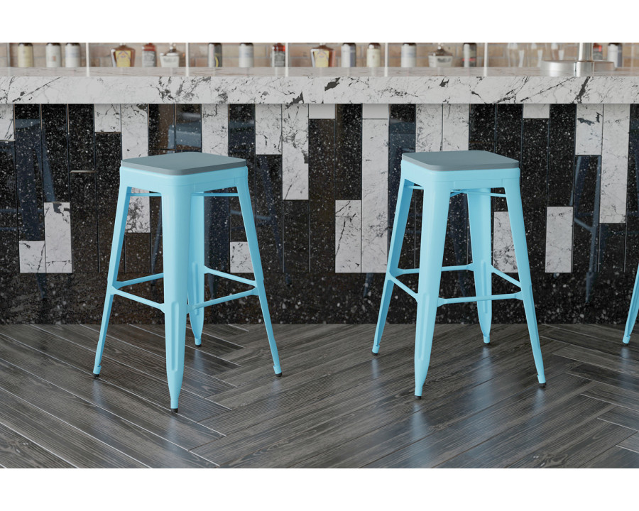 BLNK Cierra Commercial All-Weather Backless Indoor Bar Height Stools with Poly Resin Seats Set of 4 - Teal/Teal Blue