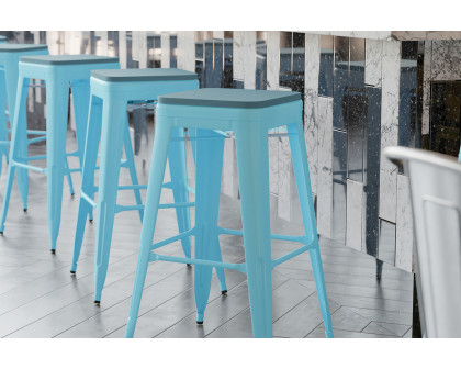 BLNK Cierra Commercial All-Weather Backless Indoor Bar Height Stools with Poly Resin Seats Set of 4 - Teal/Teal Blue