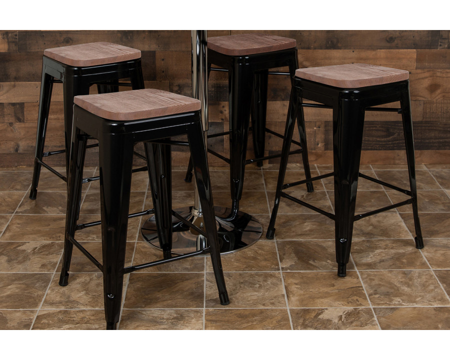 BLNK Cierra Metal Counter-Height Indoor Stackable Bar Stool with Wood Seat Set of 4 - Black