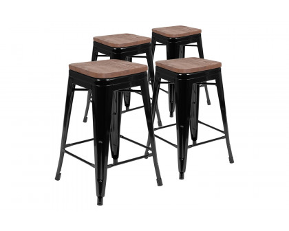 BLNK Cierra Metal Counter-Height Indoor Stackable Bar Stool with Wood Seat Set of 4 - Black