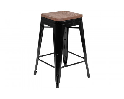 BLNK Cierra Metal Counter-Height Indoor Stackable Bar Stool with Wood Seat Set of 4 - Black