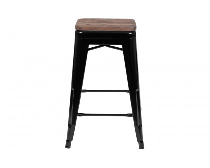 BLNK Cierra Metal Counter-Height Indoor Stackable Bar Stool with Wood Seat Set of 4 - Black