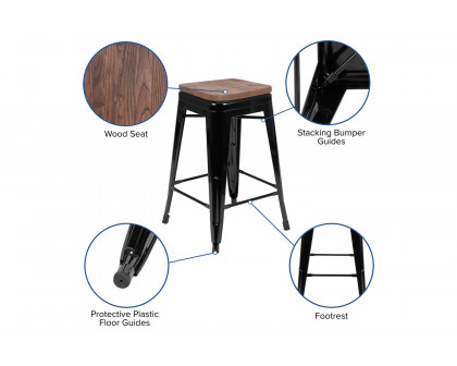 BLNK Cierra Metal Counter-Height Indoor Stackable Bar Stool with Wood Seat Set of 4 - Black