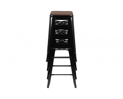 BLNK Cierra Metal Counter-Height Indoor Stackable Bar Stool with Wood Seat Set of 4 - Black