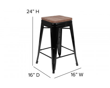 BLNK Cierra Metal Counter-Height Indoor Stackable Bar Stool with Wood Seat Set of 4 - Black