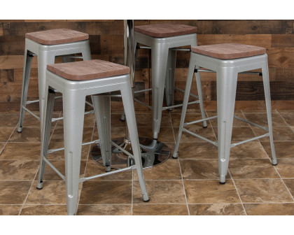 BLNK Cierra Metal Counter-Height Indoor Stackable Bar Stool with Wood Seat Set of 4