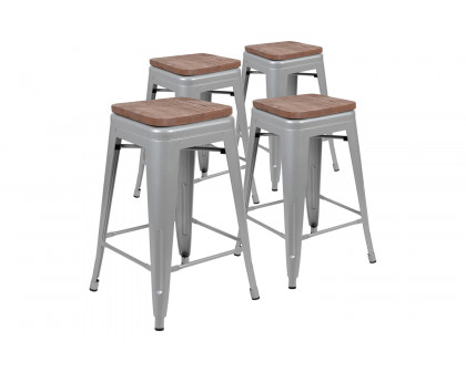 BLNK Cierra Metal Counter-Height Indoor Stackable Bar Stool with Wood Seat Set of 4 - Silver