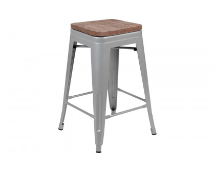 BLNK Cierra Metal Counter-Height Indoor Stackable Bar Stool with Wood Seat Set of 4 - Silver