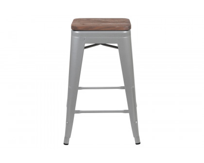 BLNK Cierra Metal Counter-Height Indoor Stackable Bar Stool with Wood Seat Set of 4 - Silver