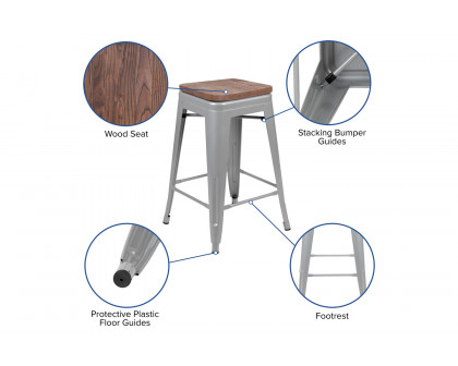 BLNK Cierra Metal Counter-Height Indoor Stackable Bar Stool with Wood Seat Set of 4 - Silver