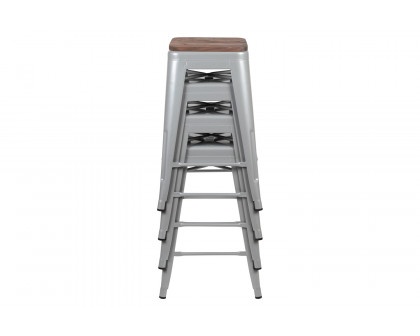 BLNK Cierra Metal Counter-Height Indoor Stackable Bar Stool with Wood Seat Set of 4 - Silver