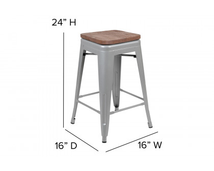 BLNK Cierra Metal Counter-Height Indoor Stackable Bar Stool with Wood Seat Set of 4 - Silver